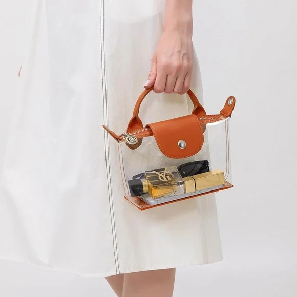 NEW Clear PVC Transparent Two-Way Tote Bag w/ Brown Accents Crossbody Stadium - Picture 4 of 4